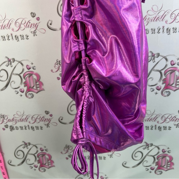 No vacancy dress, shiny metallic Shimmery Fuchsia Halter Ruched Mini lace up - Picture 10 of 13